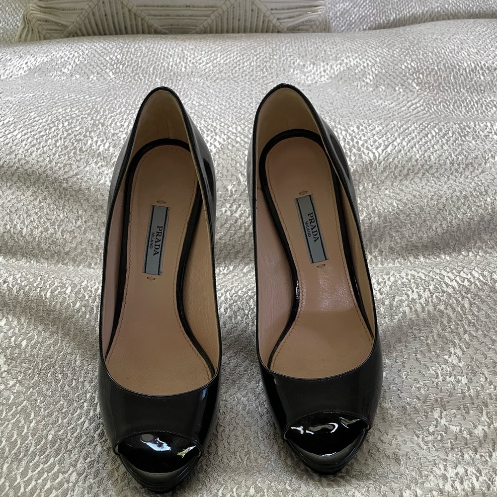 Prada Patent leather PeepToe pumps 41/2 inch heel